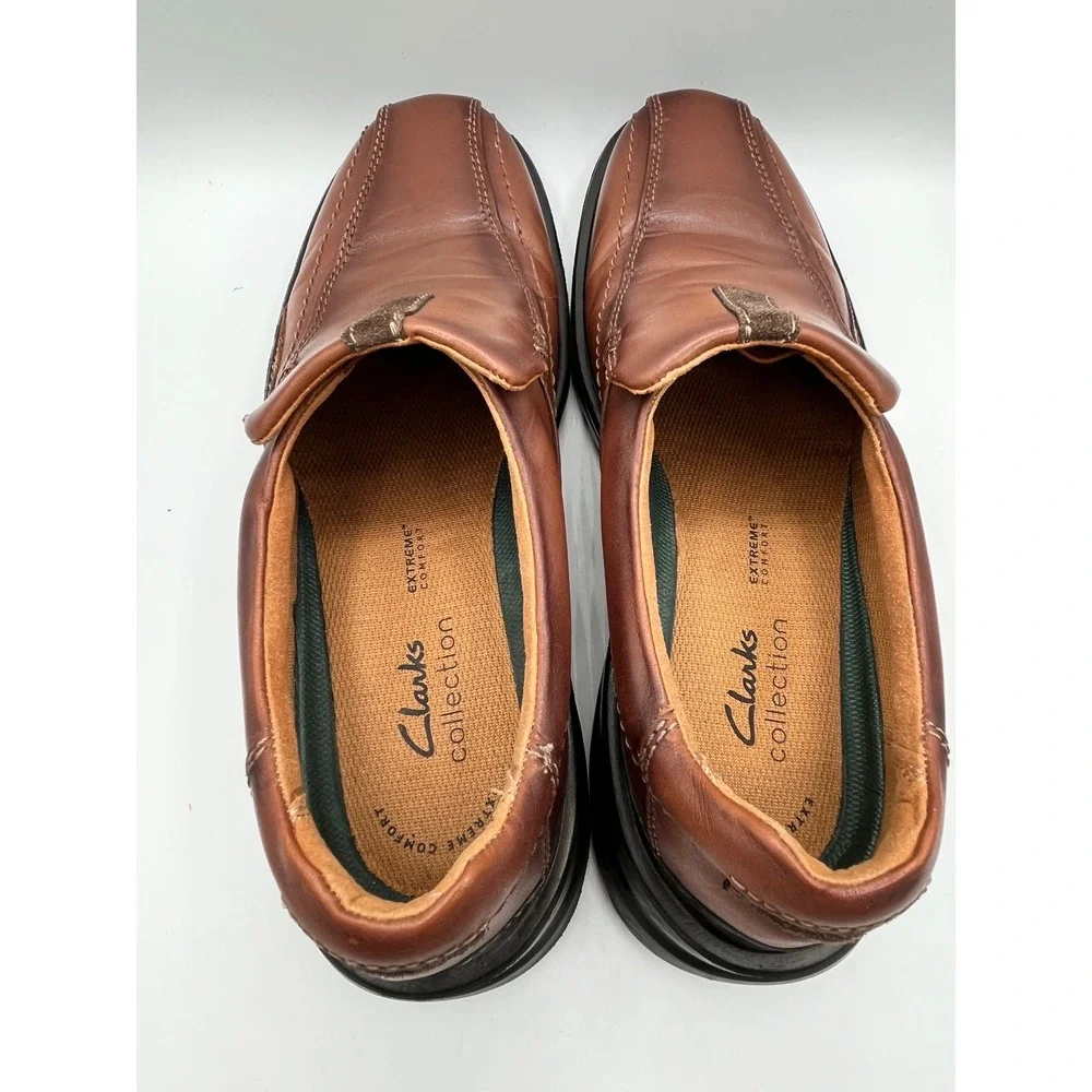 Clarks Men Brown Leather Slip On Loafers Extreme Comfort Bicycle Toe Sz 10M
